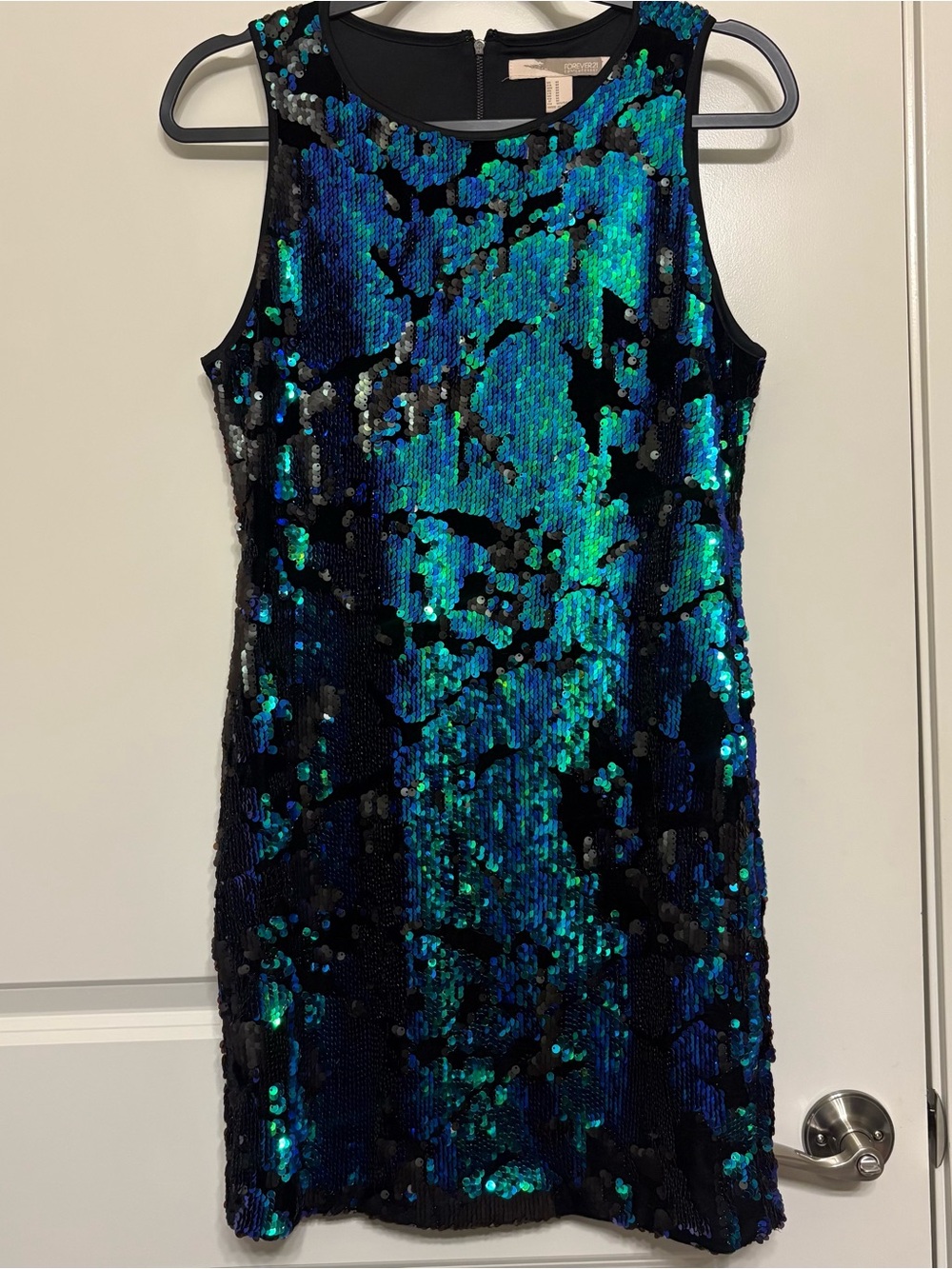 Forever21 Contemporary Iridescent Blue-Green Sequin Velvet Sleeveless Dress